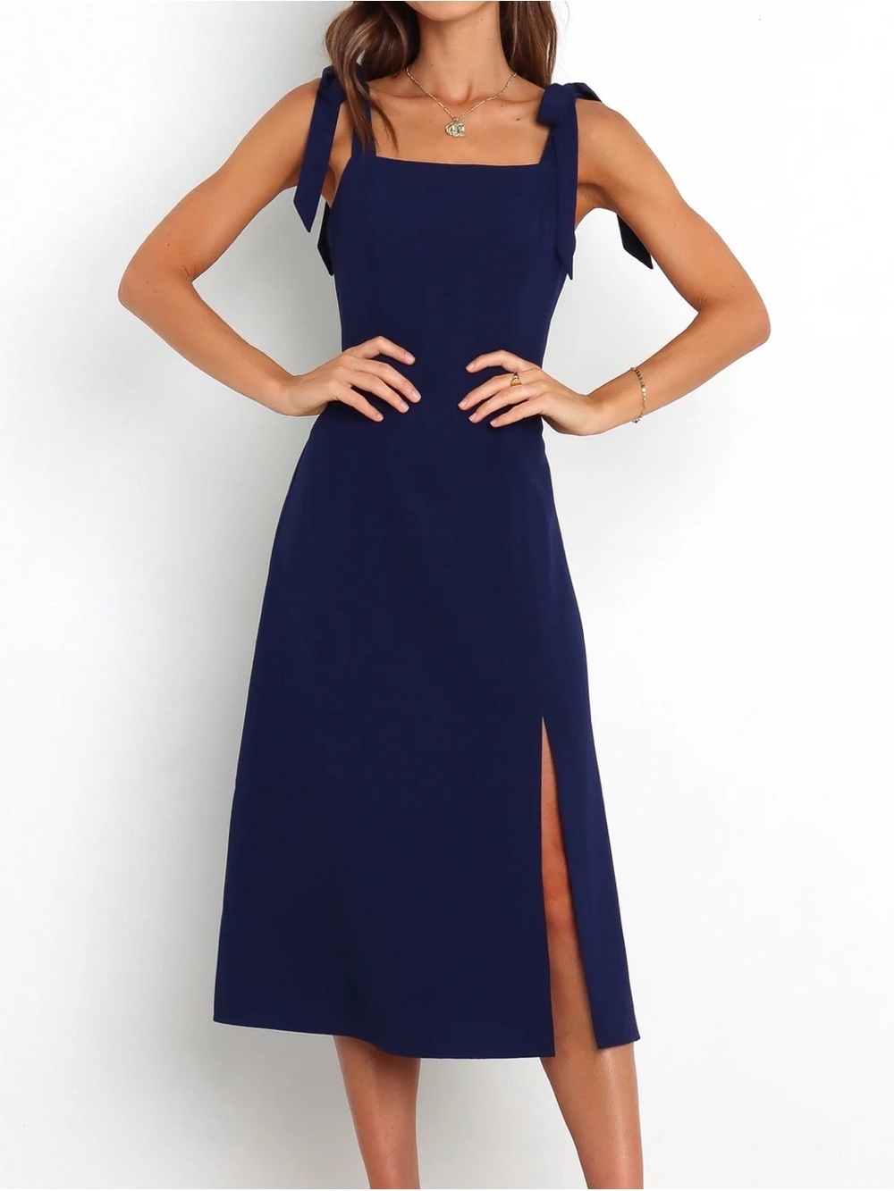 Petal & Pup Navy Tie-Strap Midi Dress with Side Slit